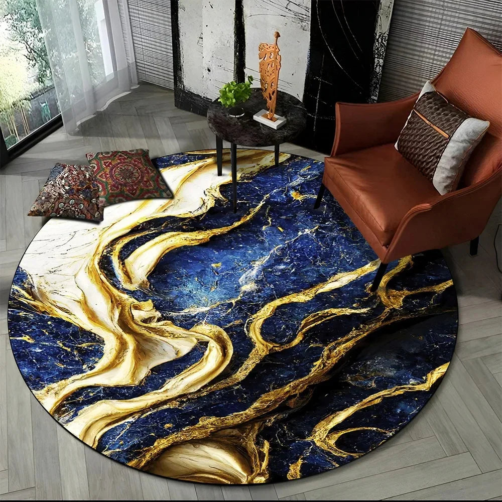 Navak Carpet 3D Luxus Marmordruck Runder Teppich Abstrakter geometrischer Bereichsteppich für Wohnzimmer Schlafzimmer Stuhldekor Rutschfeste Bodenmatte Fußmatte