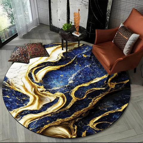Navak Carpet 3D Luxus Marmordruck Runder Teppich Abstrakter geometrischer Bereichsteppich für Wohnzimmer Schlafzimmer Stuhldekor Rutschfeste Bodenmatte Fußmatte