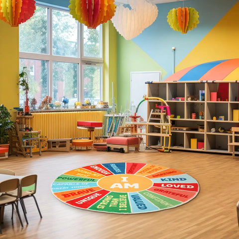 Navak Carpet Exclusive Picks – Beruhigende Ecke, Boho-Stil, rund, für den Schulanfang, Teppich mit positiven Worten, waschbar, pädagogischer Teppich, Dekoration für das Klassenzimmer
