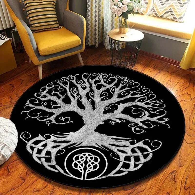 Navak Teppich Weltenbaum, rund, Wikinger-Druck, nordische Mythologie, rund, für Wohnzimmer, Schlafzimmer, Bodenmatte, Spielzimmer