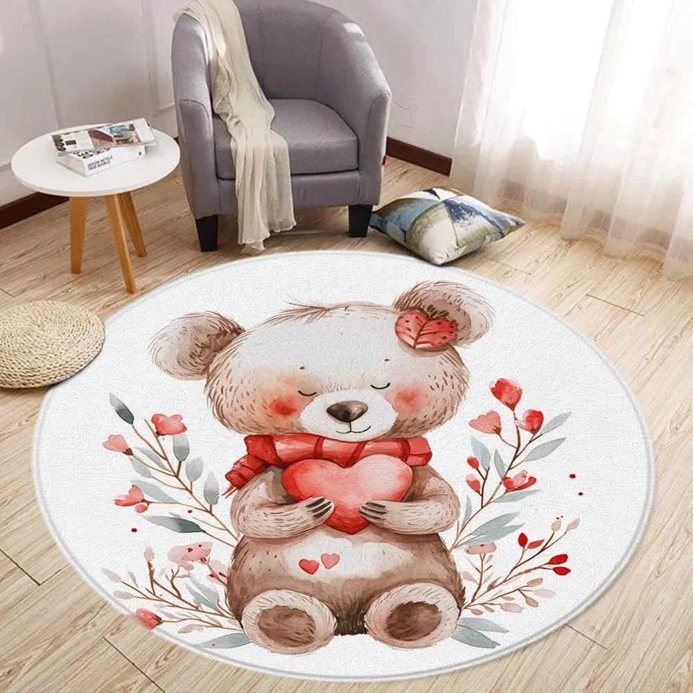 Navak Teppich Cartoon Löwe Liebe Bär Runder Teppich Wohnzimmer Dekoration Kaninchen Bär Waldtiere Schlafzimmer Teppiche Heimmatten Waschbare Freizeitteppiche
