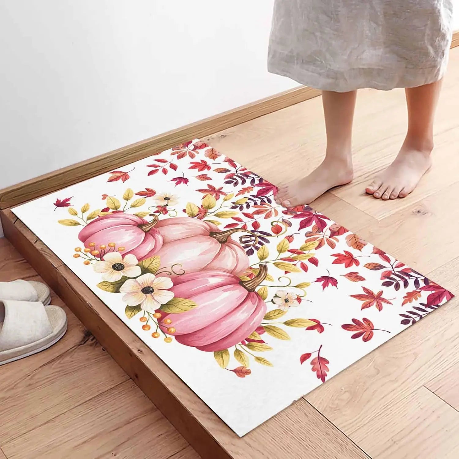 Navak Teppich, Herbst, rosa Kürbisse, Blumen, Blätter, Willkommens-Fußmatten, Dekor, Küche, Flur, Balkon, Teppiche, Schlafzimmer, neben der Fußmatte, rutschfeste Bodenmatte
