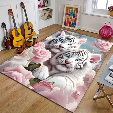 Navak Carpet 1 Stück Teppich mit weißem Tiger- und Rosenmuster – Polyester, rutschfest, maschinenwaschbar, bequeme Stuhlmatte für das Wohnzimmer,