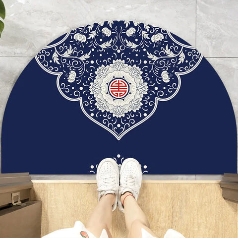 Navak Teppich Chinesische halbrunde Fußmatten im japanischen Stil mit Kranich-Aufdruck, rutschfeste Fußmatten für den Eingang, Balkonteppich, Flur, Veranda