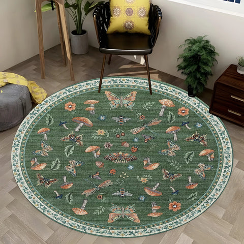 Navak Carpet Runder Boho-Blumenteppich – Lebendiger Pilz- und Schmetterlingsdruck, rutschfester Teppich für Wohnzimmer/Schlafzimmer, von der Natur inspiriertes Dekor