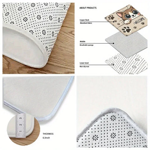 Navak Carpet 1 Stück Fußmatte mit süßem Kätzchenpfotenabdruck – rutschfeste Polyester-Bodenmatte für Eingang/Küche, schnelltrocknende Innen-/Außendekoration