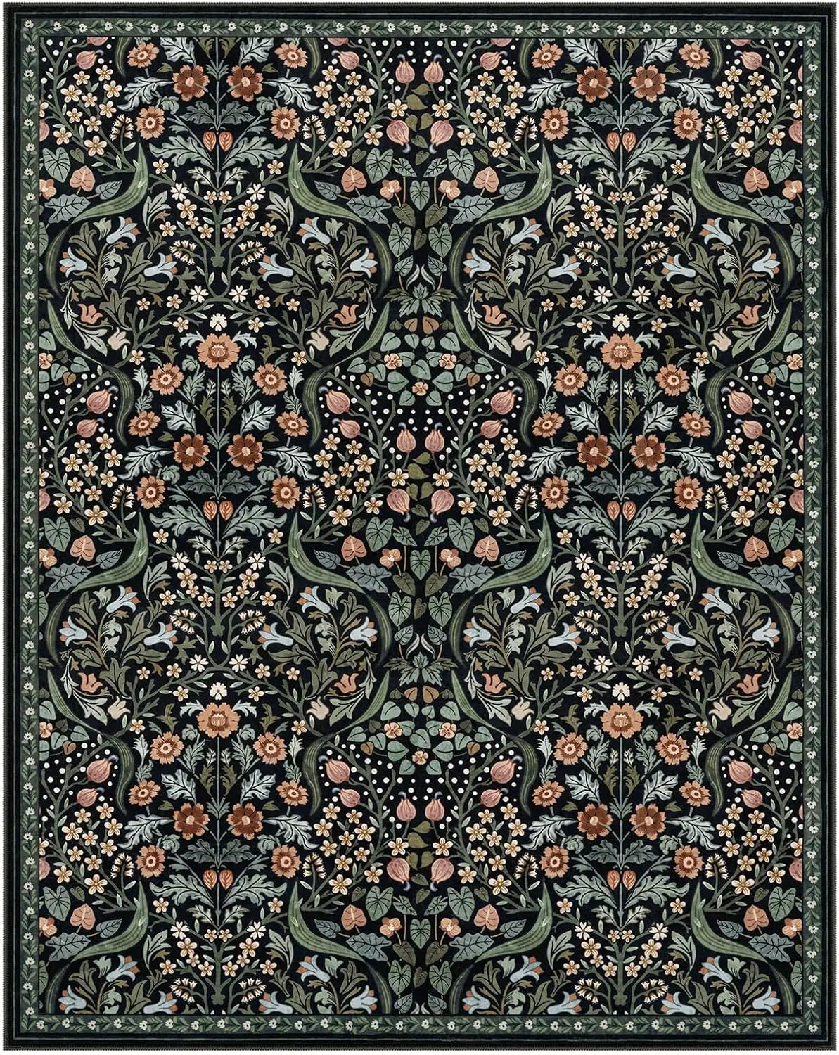 Navak Carpet Florale waschbare Teppiche, weicher großer Boho-Schlafzimmerteppich, botanischer rutschfester ultradünner Bodenteppich für Esszimmer, Kinderzimmer, Büro