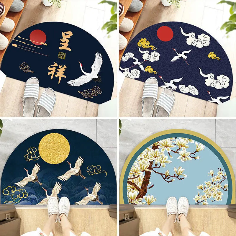 Navak Teppich Chinesische halbrunde Fußmatten im japanischen Stil mit Kranich-Aufdruck, rutschfeste Fußmatten für den Eingang, Balkonteppich, Flur, Veranda