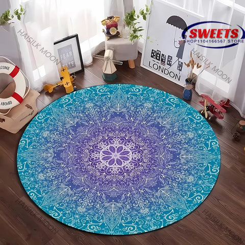 Navak Carpet Next Day Shipping Mandala Flower Printing Round Carpet Bedroom Living Room Sofa All Season Mat Kids Room Non-Slip Decorative Rug
