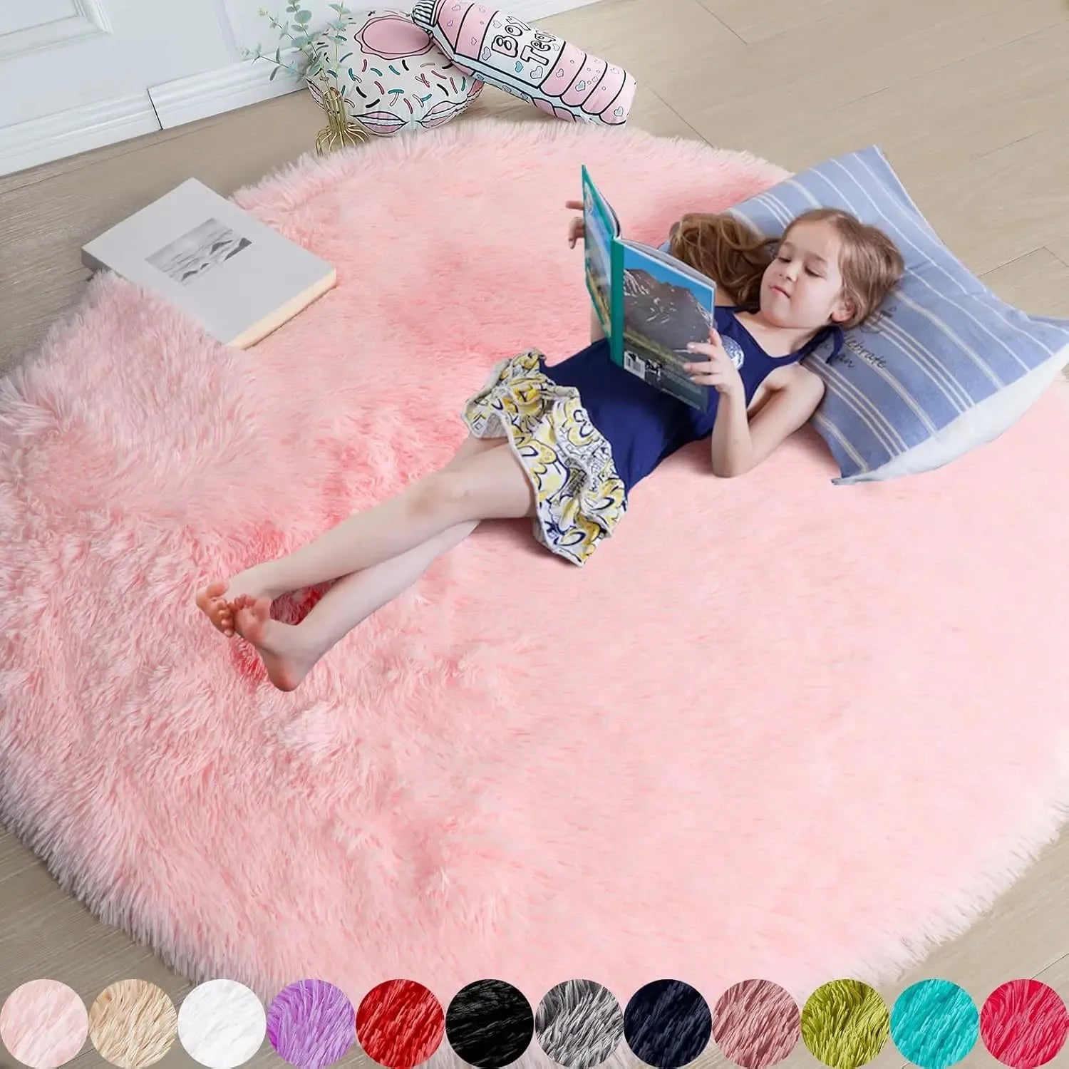 Navak Carpet Vikama, rosa, runder Teppich für Mädchenschlafzimmer, flauschiger runder Teppich für Kinderzimmer, pelziger, zotteliger Teppich für Wohnzimmer- und Spielzimmerdekoration