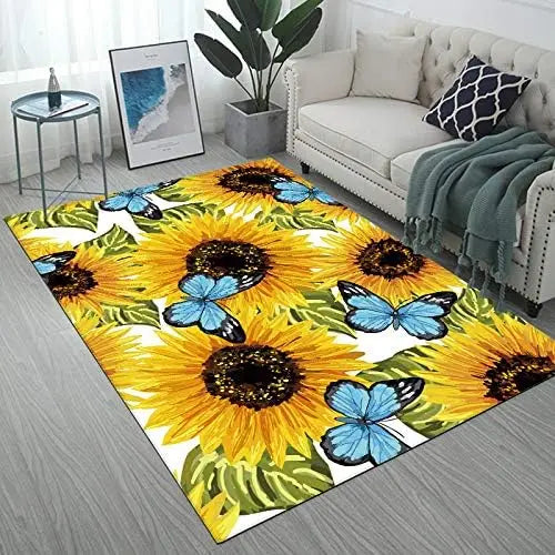 Navak Carpet Teppich mit wunderschönem Sonnenblumen- und blauem Schmetterlingsmuster, moderner rutschfester Flanell-Mikrofaser-Bodenmattenteppich,
