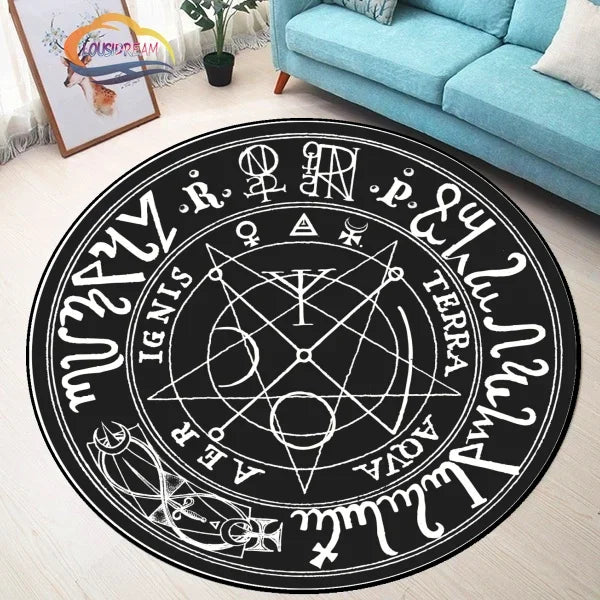 Navak Teppich Pentagramm Sonne gemusterter runder Teppich, Satan Devil's Trap Teppich, Weiß auf Schwarz Supernatural Runen Teppich
