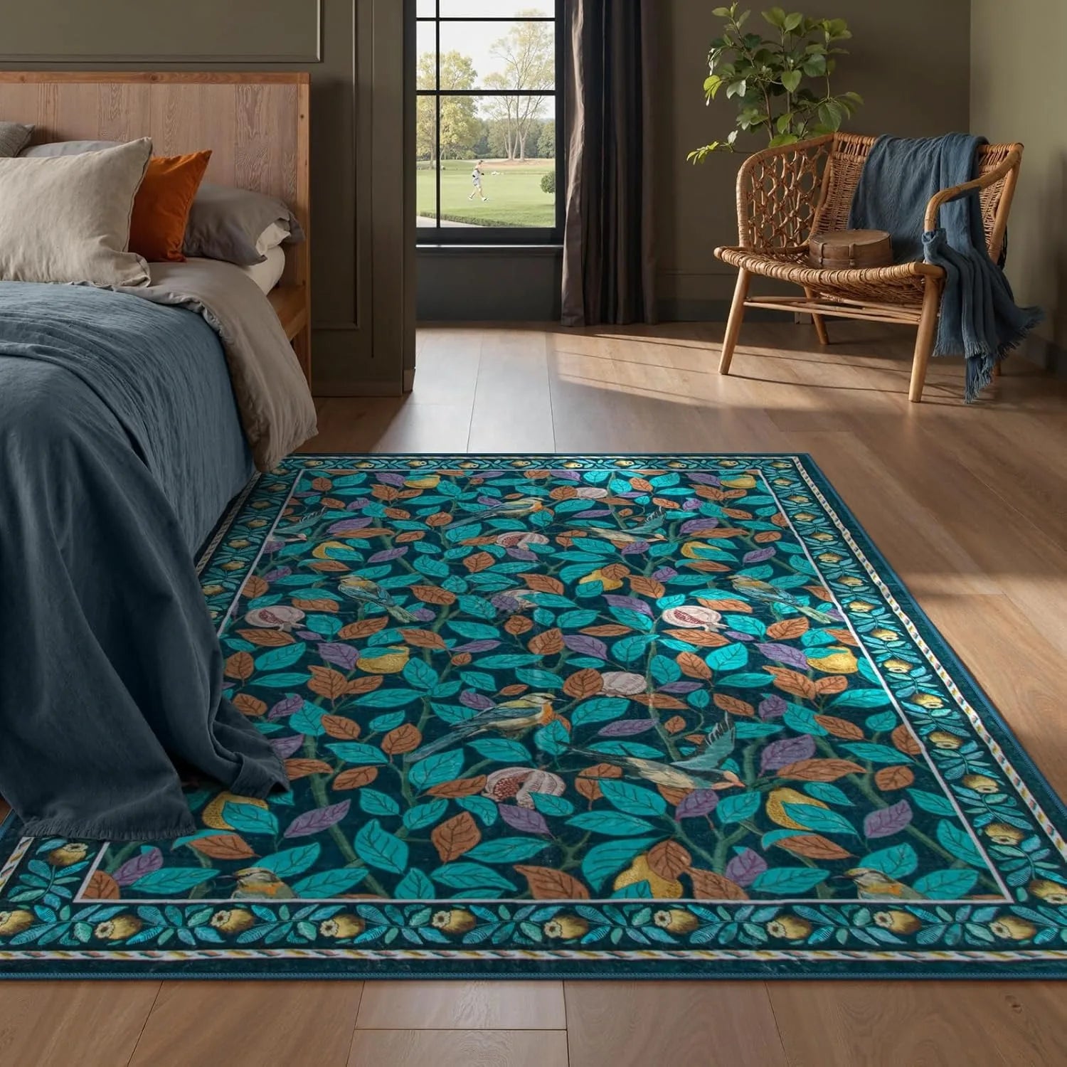 Navak Carpet Green Plant Retro Area Rug – Rutschfester, maschinenwaschbarer Wohnzimmerteppich, weiche, große Bodenmatte für die Heimdekoration im Schlafzimmer