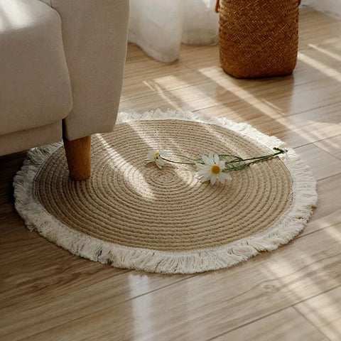 Navak Teppich Nordische Baumwollseilquaste Runde Matte Handgewebt Wohnzimmer Schlafzimmer Balkon Dekorativer Teppich Rutschfeste Couchtischmatte