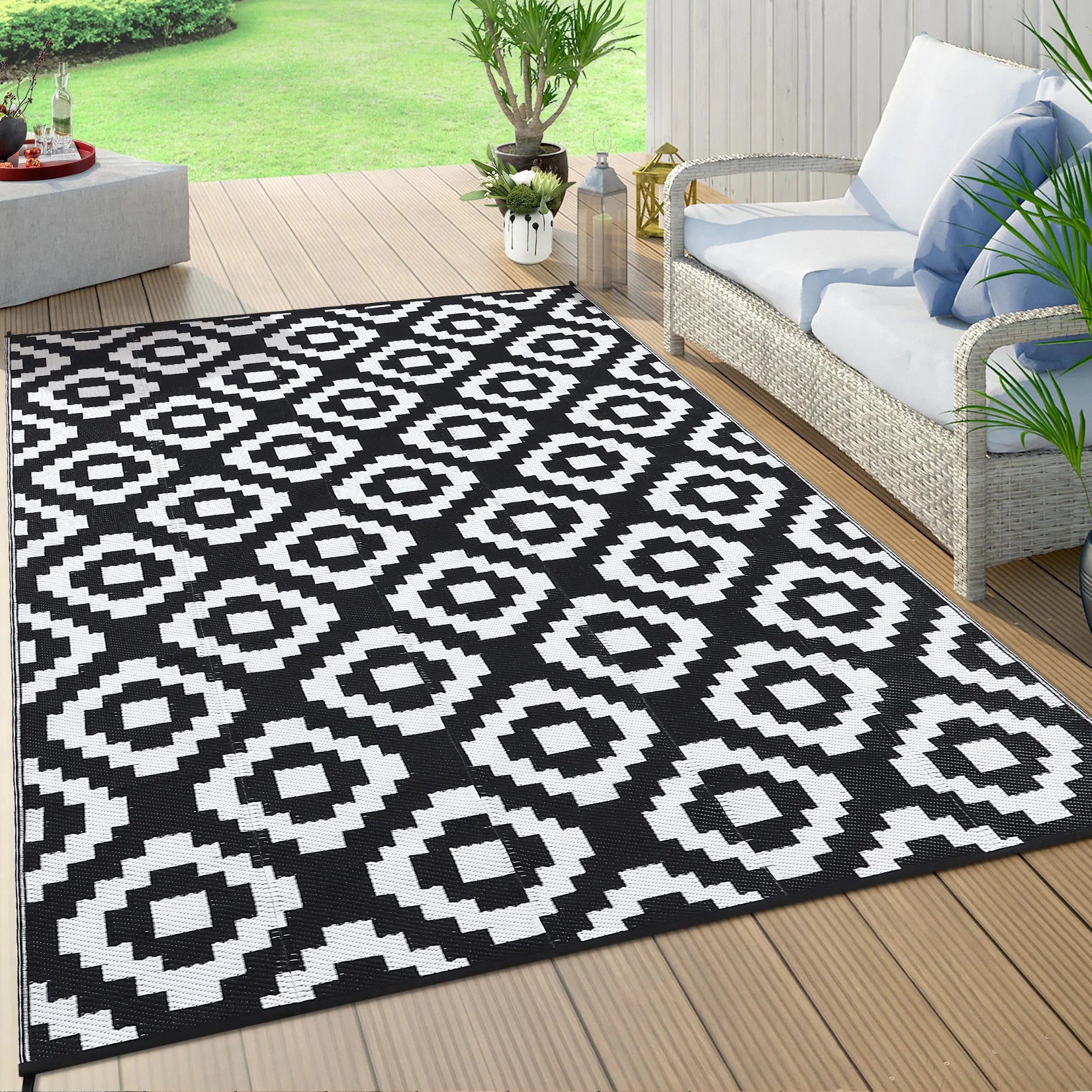 Navak Teppich, Outdoor-Teppich, Kunststoff-Strohteppich, moderner geometrischer wasserdichter Teppich, wendbare Outdoor-Bodenmatte für Terrasse, Veranda, Hinterhof, Picknick, Campi
