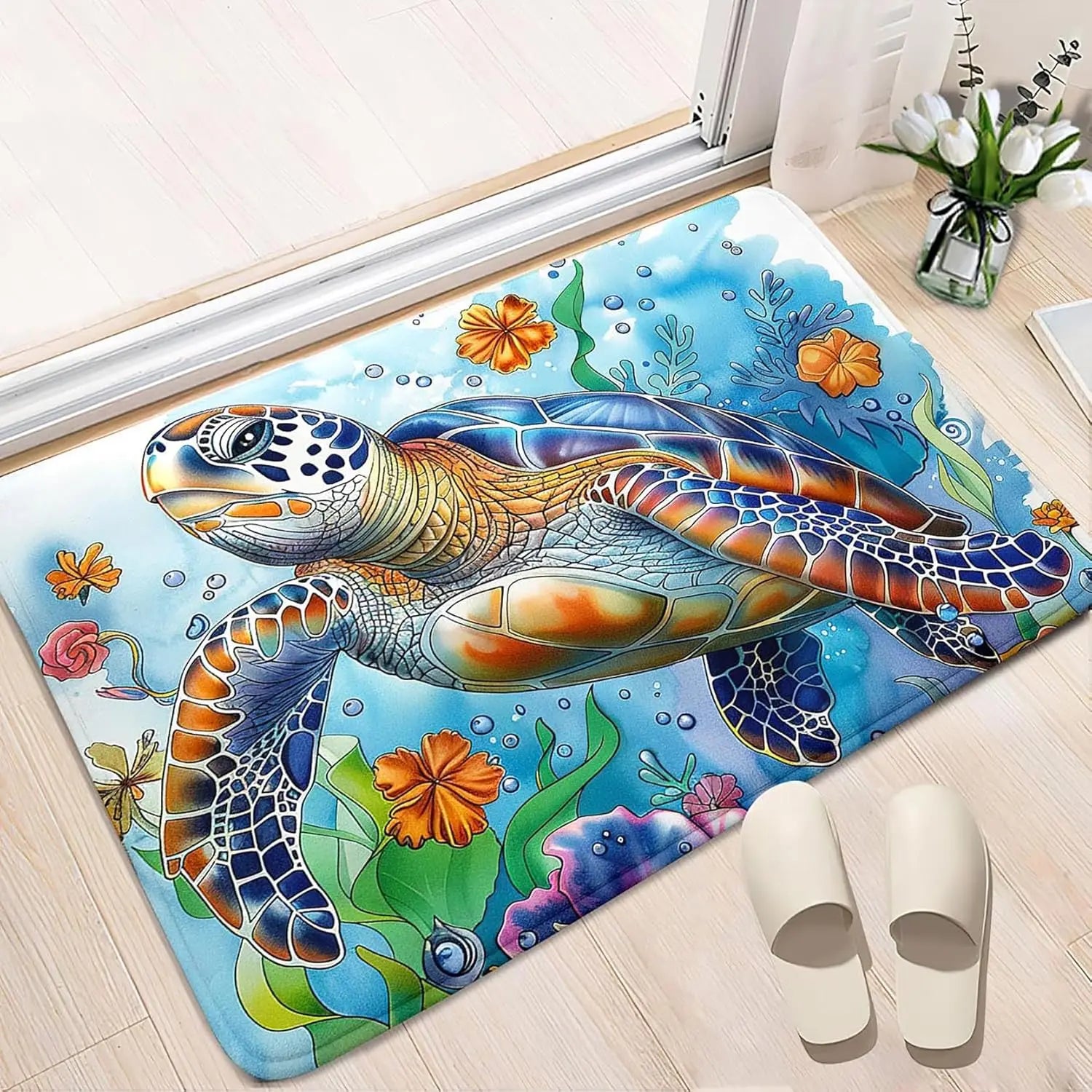 Navak Carpet Ozean-Thema Meeresschildkröten-Teppich für Wohnzimmer und Kinderzimmer, Küstendekor-Teppich, Unterwasser-Meerestier-Teppich