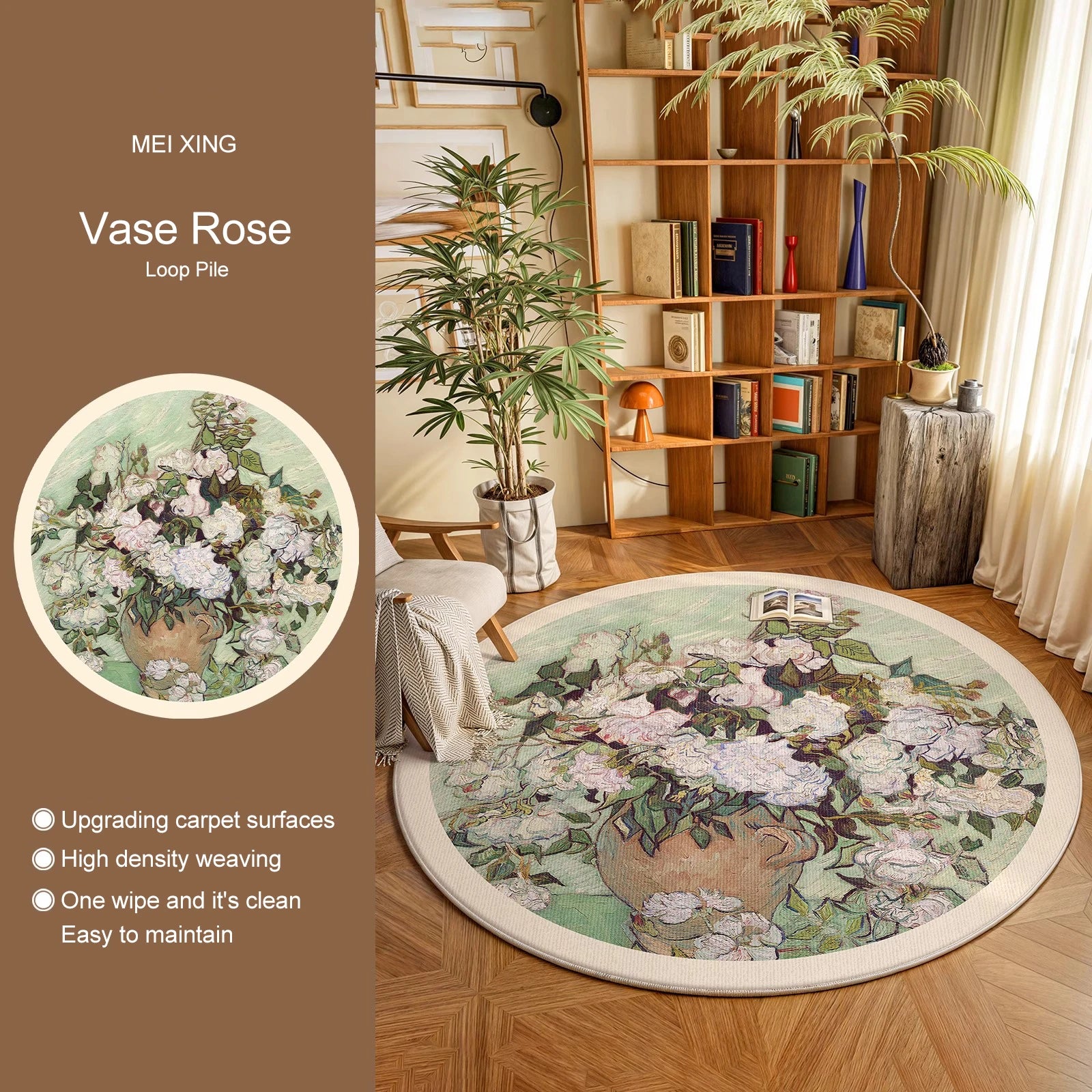 Navak Teppich, runder Teppich, Wohnzimmerteppich, weich, für Schlafzimmer, Nachttisch, Bodenmatte, Pflanzen, Blumen, französischer Retro-Stil, rutschfeste Teppiche, Heimdekoration, Tapis