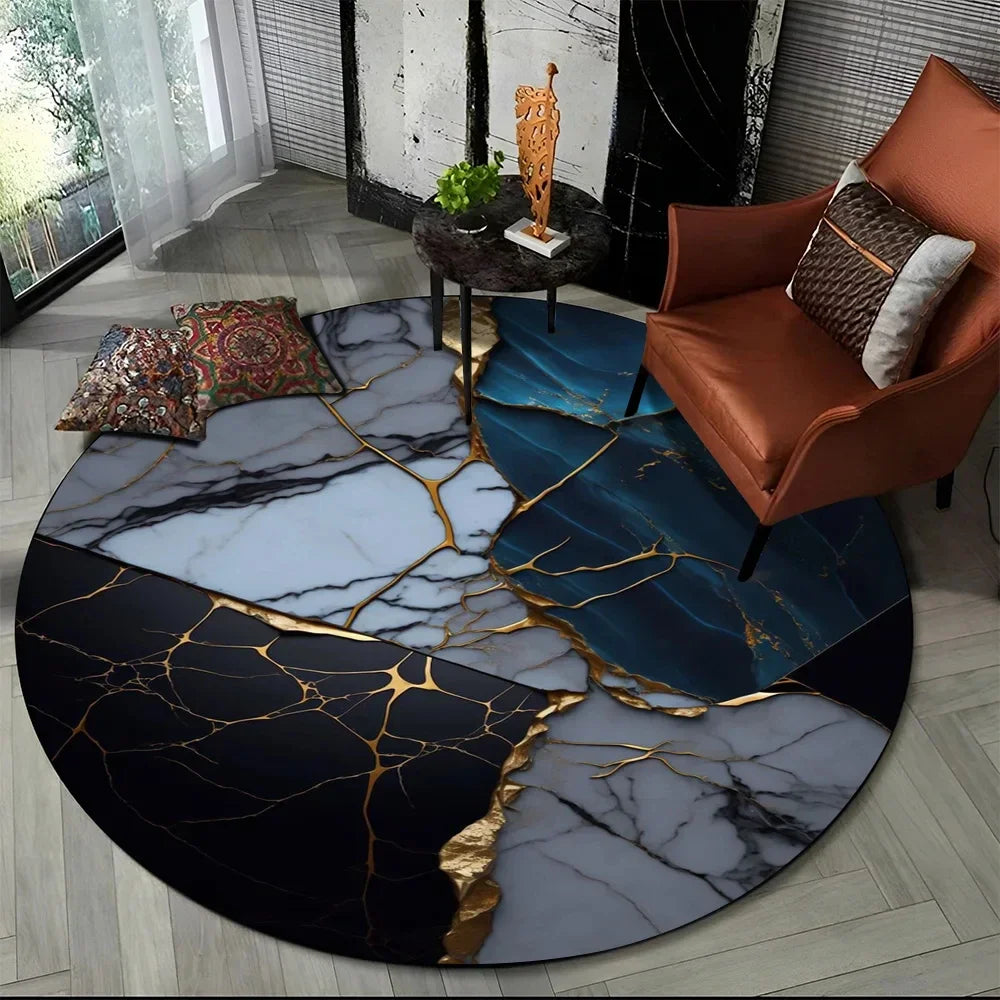 Navak Carpet 3D Luxus Marmordruck Runder Teppich Abstrakter geometrischer Bereichsteppich für Wohnzimmer Schlafzimmer Stuhldekor Rutschfeste Bodenmatte Fußmatte