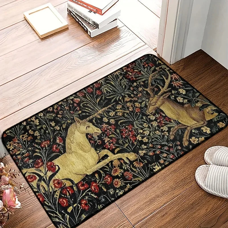 Navak Teppich, mittelalterliches Einhorn, Mitternachtsblumen-Wandteppich, Fußmatte, rutschfester Teppich, Heimdekoration, Teppich, waschbar, für Wohnzimmer, Schlafzimmer, Küche, Bodenmatte