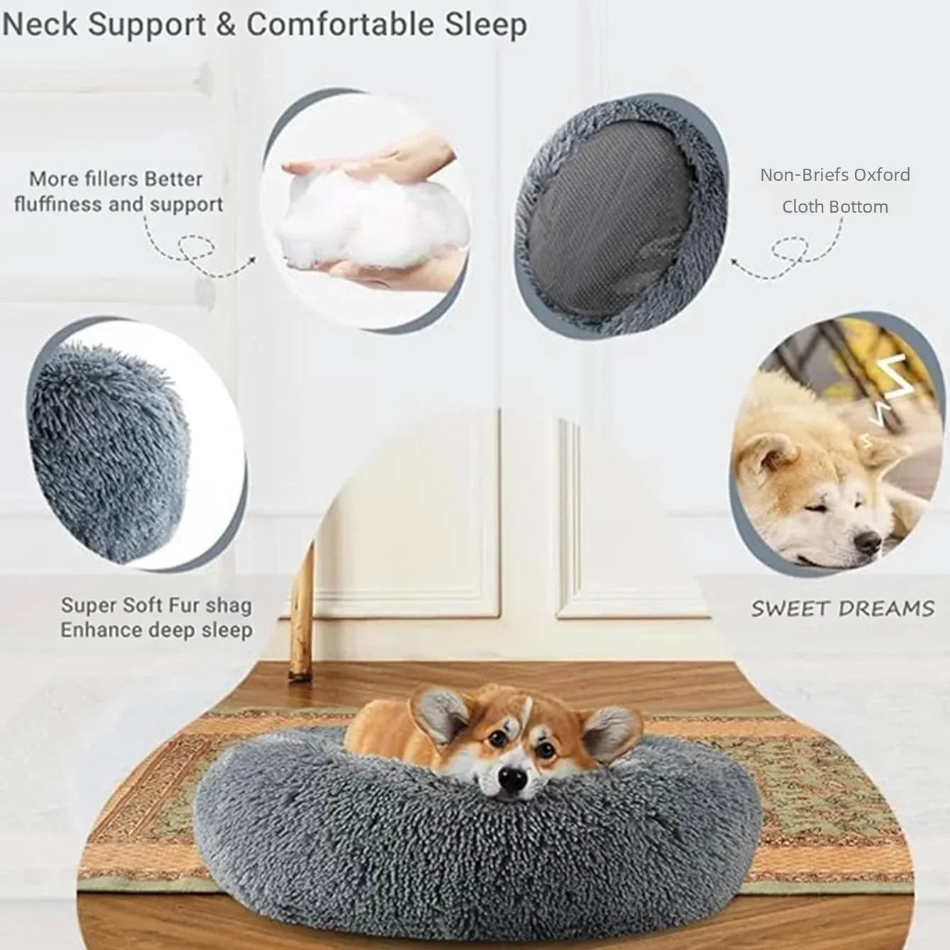 Navak Carpet 40–90 cm, rundes Haustierbett für große Hunde, superweiches Katzenbett, langes Plüsch-Hundehaus für mittelgroße Hunde, warmes Winterschlafbett