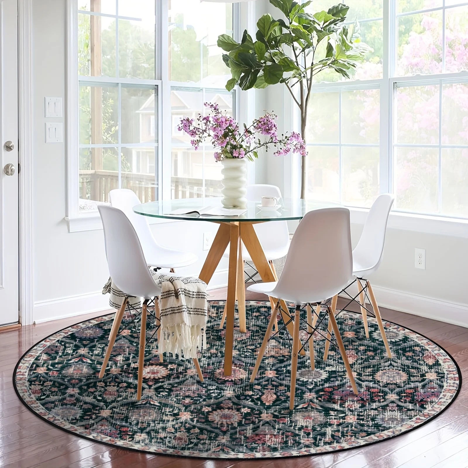 Navak Carpet Large Ultra-thin Moroccan Trellis Round Rugs Non-Slip Washable Soft Throw Rug Vintage Circle Carpets for Living Room Bedroom