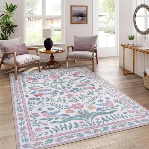Navak Teppich, eleganter Boho-Teppich mit lila Blumen und Vogel-Print, Heimdekoration, Wohnzimmer-Sofa-Teppich, Schlafzimmer, Nachttisch, weicher Teppich, Küche, Esszimmer, Bodenmatte