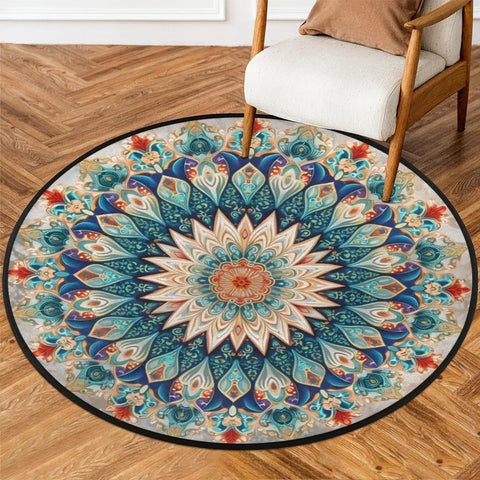 Navak Carpet Runder Teppich 85,9 cm, runder Teppich für den Innenbereich, Vintage-Mandala-Blume, runde Form, rund, rutschfest, waschbar, leicht, weich, Überwurfteppiche, Boden C