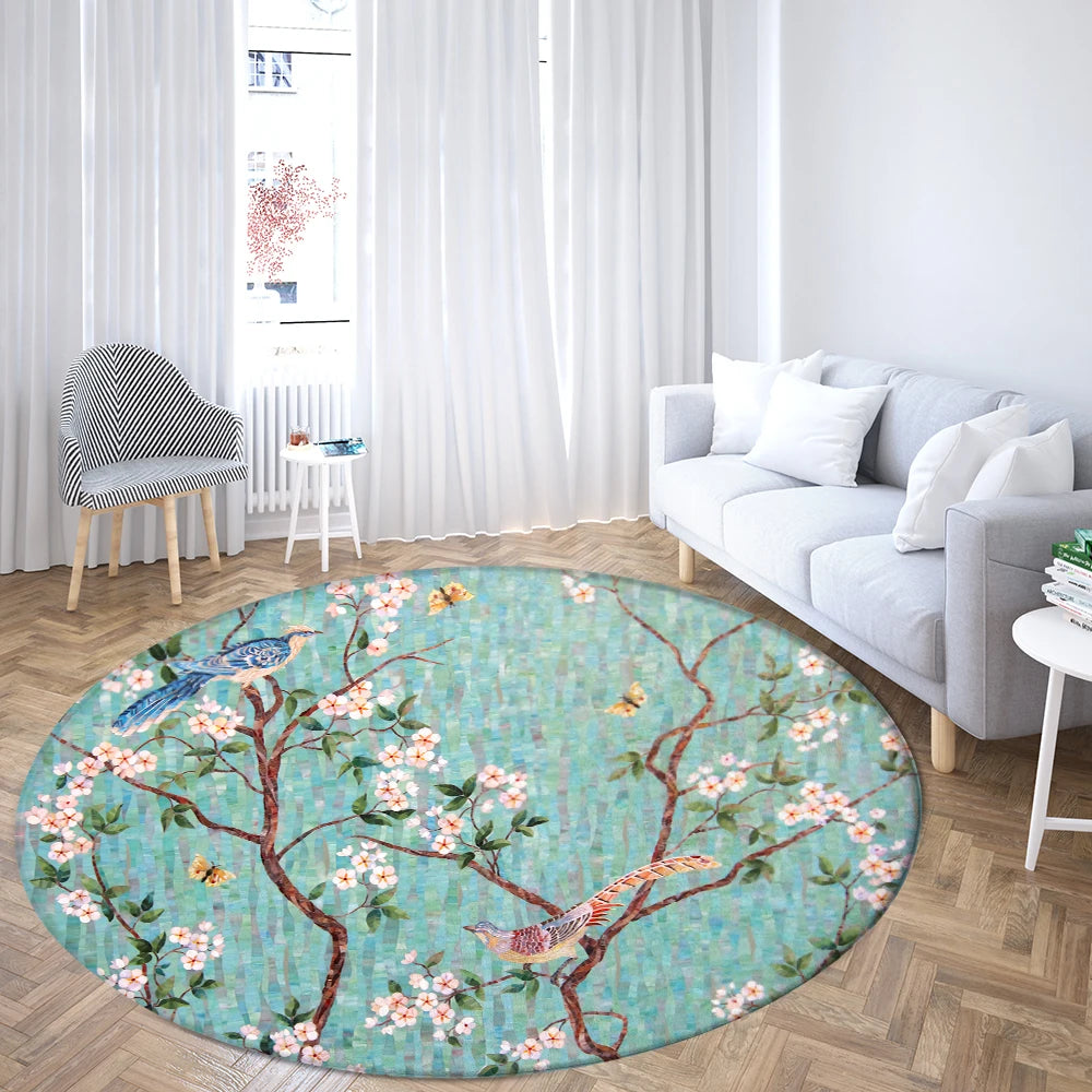 Navak Teppich Home Wohnzimmer Schlafzimmer Badezimmer Bodenmatte Druck Dekorativer Teppich Blume und Vogel Runde Pfingstrose Rose
