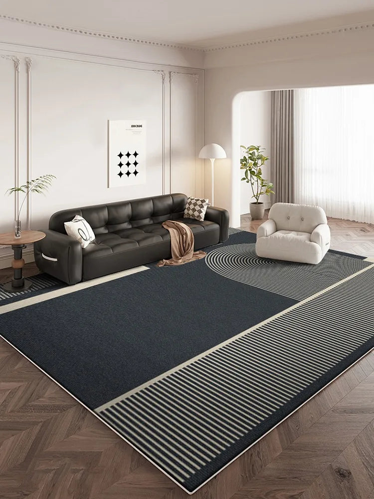 Navak Teppich, dunkelblau-cremefarben, gestreifter Teppich, moderne geometrische dekorative Teppiche, leicht zu reinigen, Kunstlinien, Wohnzimmerteppiche, bequemer Schlafzimmerteppich