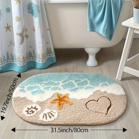 Navak Carpet 1 Stück Plüsch-Badezimmerteppich aus Kunstkaschmir – ovale Bodenmatte mit Ozeanmotiv und Strand-Seestern- und Herz-Design, Teppiche fürs Badezimmer, Themendekor