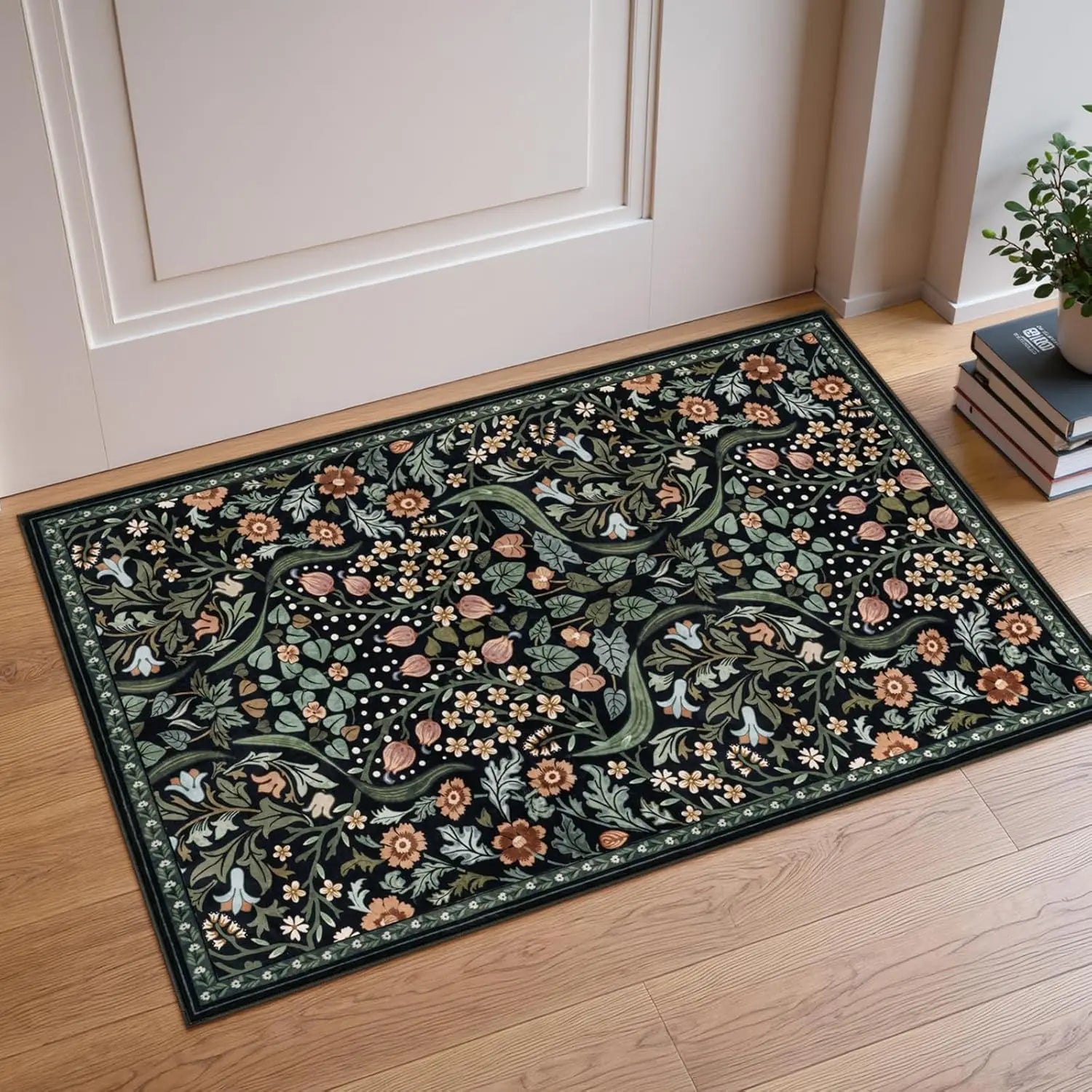 Navak Carpet Florale waschbare Teppiche, weicher großer Boho-Schlafzimmerteppich, botanischer rutschfester ultradünner Bodenteppich für Esszimmer, Kinderzimmer, Büro