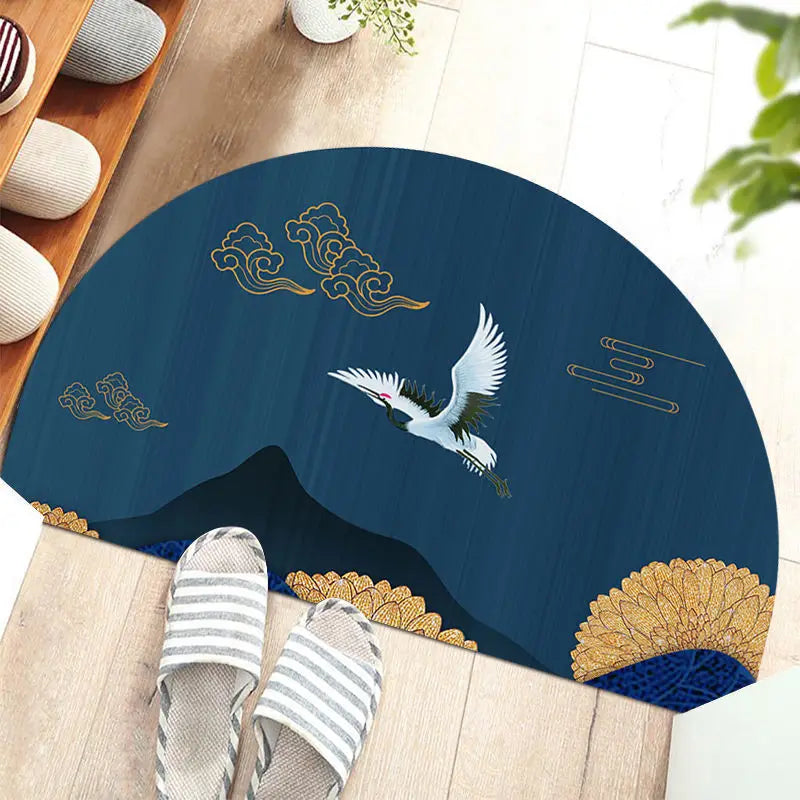 Navak Teppich Chinesische halbrunde Fußmatten im japanischen Stil mit Kranich-Aufdruck, rutschfeste Fußmatten für den Eingang, Balkonteppich, Flur, Veranda
