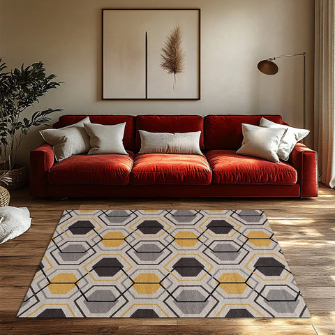 Navak Teppich, Gelb-Grau, Geometrischer Bohemian-Teppich, Modernes Muster, Rutschfester Teppich, Gemütliche Wohnzimmermatte für skandinavisches Dekor