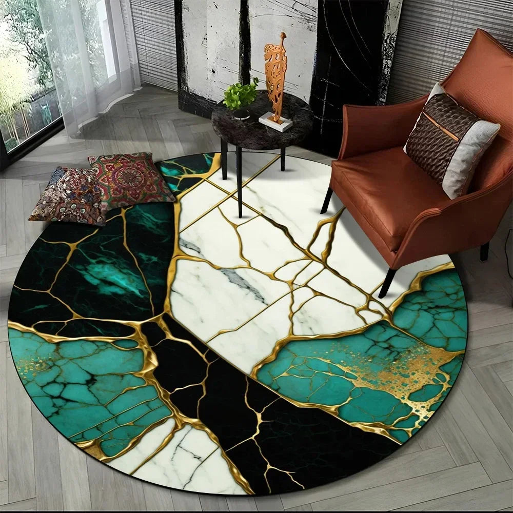 Navak Carpet 3D Luxus Marmordruck Runder Teppich Abstrakter geometrischer Bereichsteppich für Wohnzimmer Schlafzimmer Stuhldekor Rutschfeste Bodenmatte Fußmatte