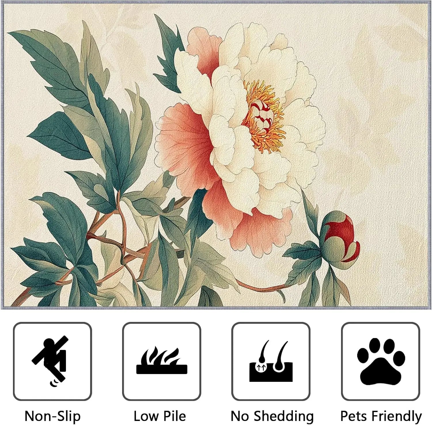 Navak Teppich Pfingstrosen-Blumenteppich, waschbar, Chinoiserie, floraler botanischer Bereichsteppich – Blumen-Orientalische Teppiche – Teppich im japanischen asiatischen Stil