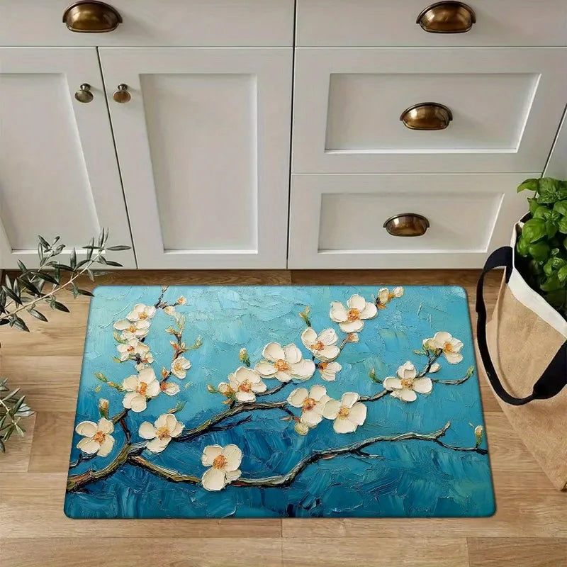 Navak Carpet 1 Stück Fußmatte mit blauem Blumenzweig, Polyestergewebe, maschinenwaschbar, geeignet für Wohnzimmer, Schlafzimmer, Küche, Heimdekoration