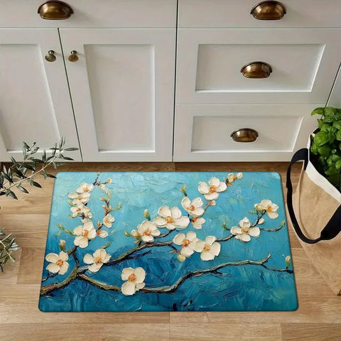 Navak Carpet 1 Stück Fußmatte mit blauem Blumenzweig, Polyestergewebe, maschinenwaschbar, geeignet für Wohnzimmer, Schlafzimmer, Küche, Heimdekoration