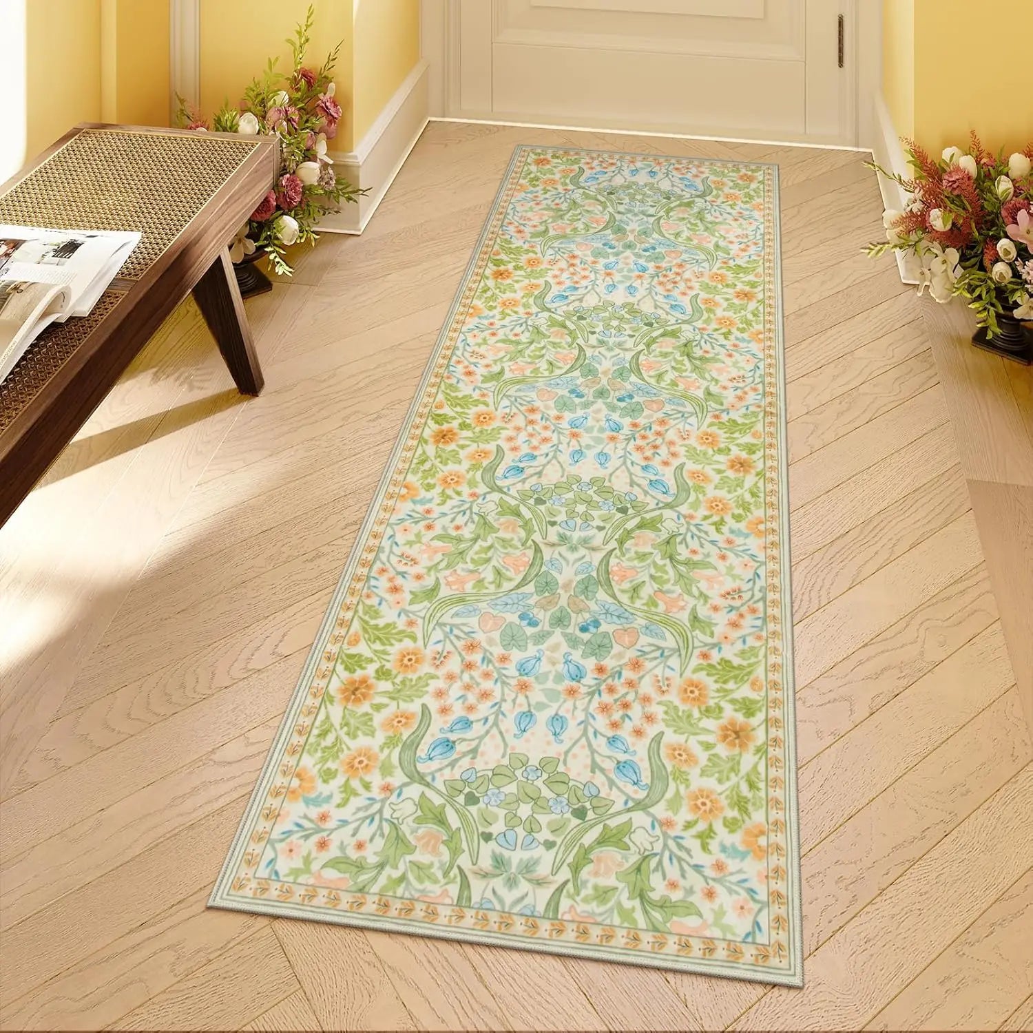 Navak Carpet Florale waschbare Teppiche, weicher großer Boho-Schlafzimmerteppich, botanischer rutschfester ultradünner Bodenteppich für Esszimmer, Kinderzimmer, Büro