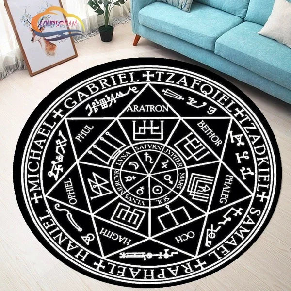 Navak Teppich Pentagramm Sonne gemusterter runder Teppich, Satan Devil's Trap Teppich, Weiß auf Schwarz Supernatural Runen Teppich