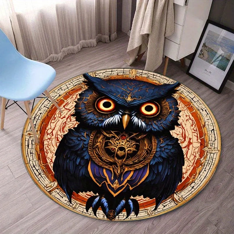 Navak Carpet 2D Flat, 3D Retro Owl Printed Polyester Area Mat - Rutschfeste runde Stuhlmatte für Wohnzimmer &amp; Schlafzimmer, 800g/m² Crystal Velvet, V