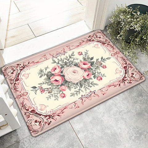 Navak Carpet 1 Fußmatte mit süßem Rosen-Print, Valentinstag-Thema, rutschfest, 100 % Polyester, geeignet als Eingangsdekorationsteppich