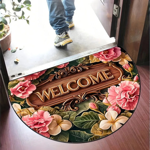 Navak Carpet Rutschfeste, halbrunde Fußmatte mit Blumenmuster, saugfähig, Willkommensteppich, waschbar, Fußmatte, Eingangsmatte für drinnen und draußen