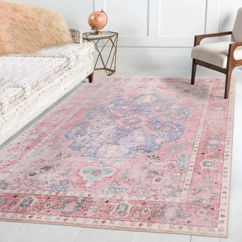Navak Teppich, rutschfeste Rückseite, rosa, weicher Teppich, faltbar, maschinenwaschbar, Retro-Stil, für Wohnzimmer, Schlafzimmer, Esszimmer, Heimbüro, Dekoration