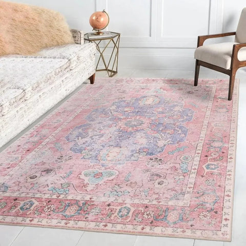 Navak Teppich, rutschfeste Rückseite, rosa, weicher Teppich, faltbar, maschinenwaschbar, Retro-Stil, für Wohnzimmer, Schlafzimmer, Esszimmer, Heimbüro, Dekoration