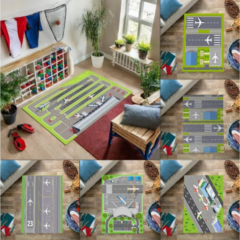 Navak Teppich, Kinderspielbereich, Teppiche, Flughafenlandebahnen, Draufsicht, Flugzeuge und Flugzeugankünfte, Teppich, Kinderzimmer, Spielzimmer, Kinderzimmer, 3D-Dekor