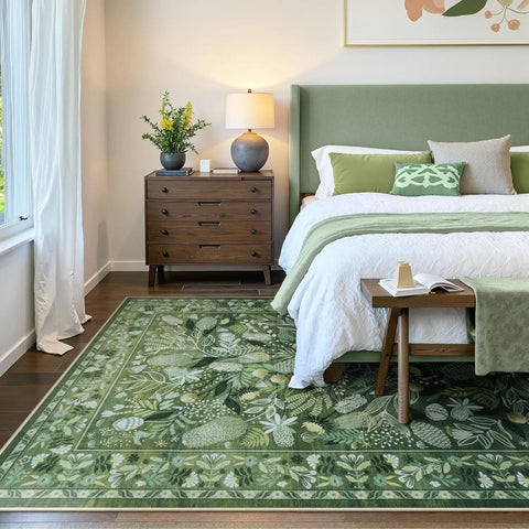 Navak Carpet Crystal Velvet CarpetAn Green Botanical Floral Washable Area Rugs, Abstract Large Rugs for Living Room Non-Slip Soft