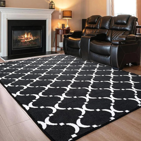 Navak Carpet Großer Shag-Teppich aus Memory-Schaum, Wohnzimmerteppich, 1,8 x 2,7 m, schwarzer Plüsch-Schlafzimmerteppich mit geometrischem Muster, Innenteppich für Kinderzimmerdekoration