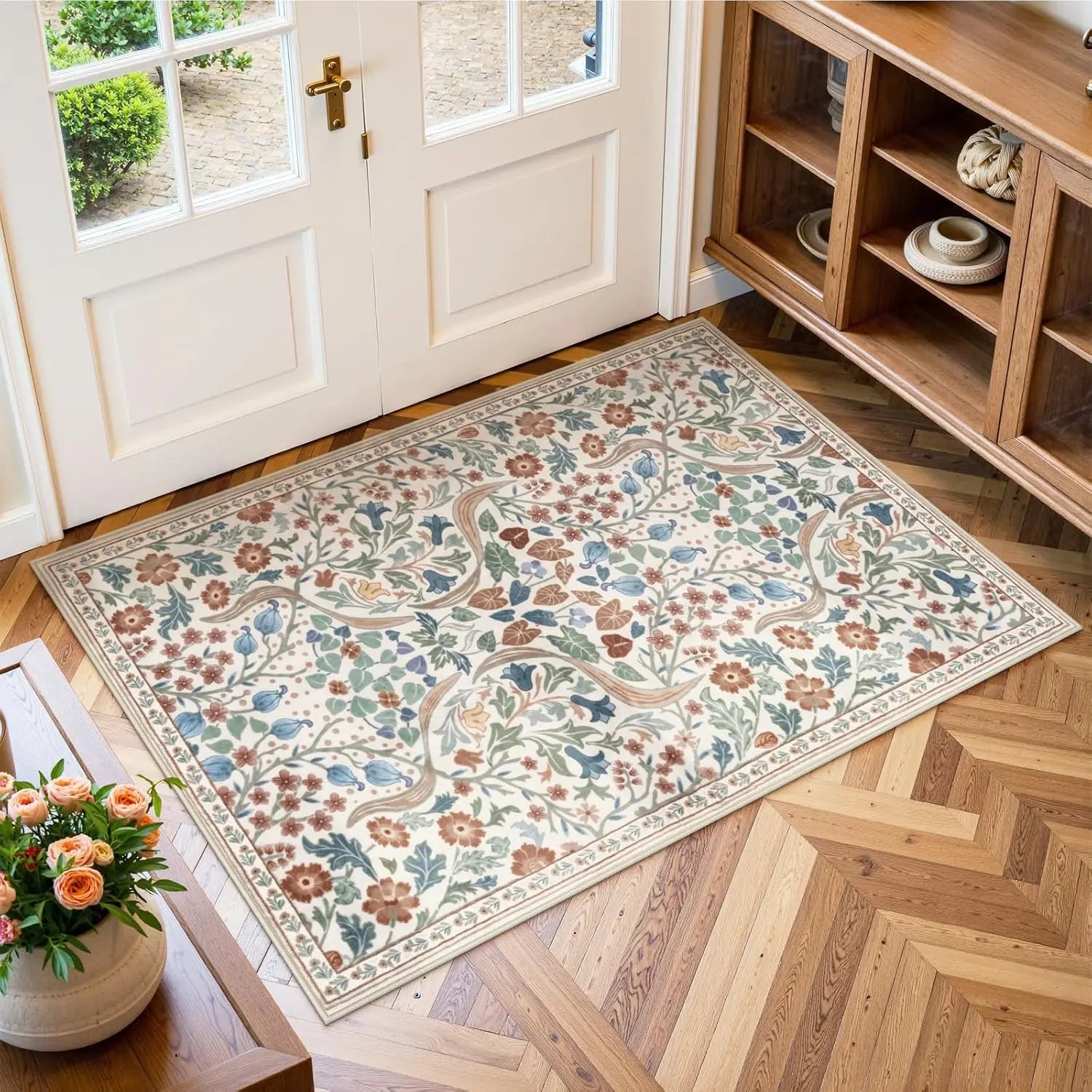 Navak Carpet Florale waschbare Teppiche, weicher großer Boho-Schlafzimmerteppich, botanischer rutschfester ultradünner Bodenteppich für Esszimmer, Kinderzimmer, Büro