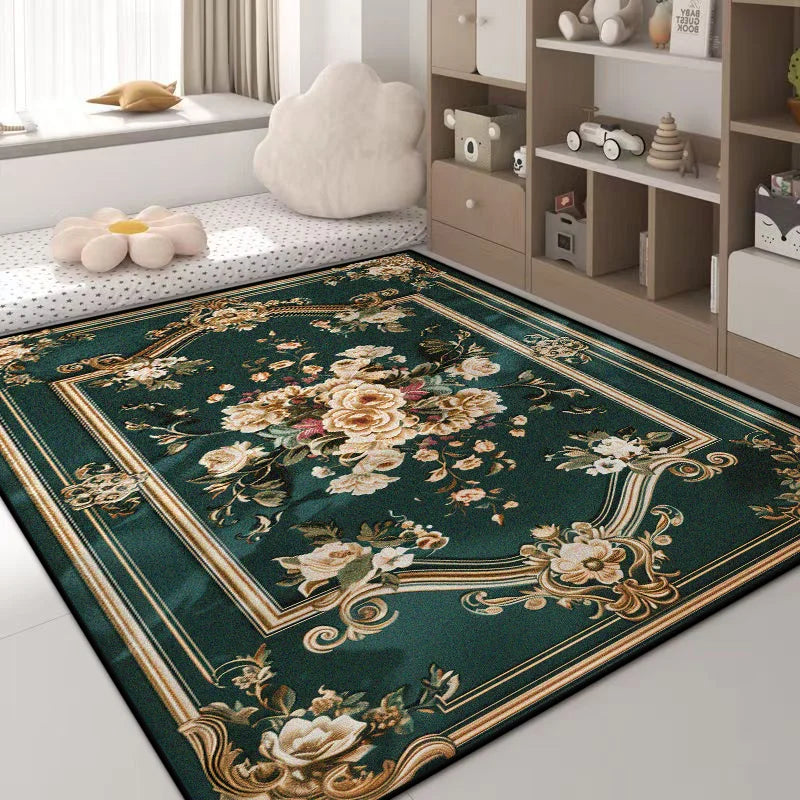 Navak Carpet Luxuriöser Teppich mit grünen Blumen – Rutschfester großer Wohnzimmerteppich, goldener Rand, waschbare weiche Matte für die Heimdekoration im Schlafzimmer