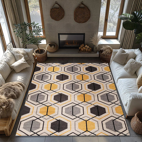 Navak Teppich, Gelb-Grau, Geometrischer Bohemian-Teppich, Modernes Muster, Rutschfester Teppich, Gemütliche Wohnzimmermatte für skandinavisches Dekor